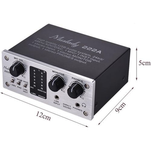  Muslady 222A 2-Channel USB Audio System Interface External Sound Card +48V phantom power DC 5V Power Supply for Computer Smartphone With USB Cable