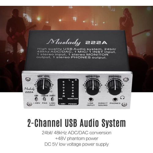  Muslady 222A 2-Channel USB Audio System Interface External Sound Card +48V phantom power DC 5V Power Supply for Computer Smartphone With USB Cable