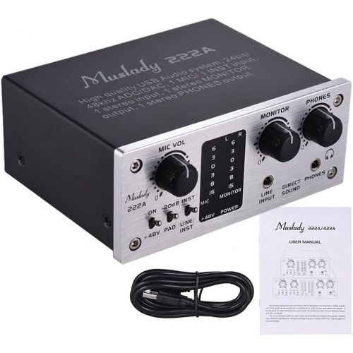  Muslady 222A 2-Channel USB Audio System Interface External Sound Card +48V phantom power DC 5V Power Supply for Computer Smartphone With USB Cable