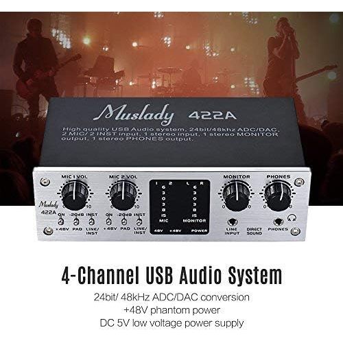  Muslady 422A 4-Channel USB Audio System Interface External Sound Card +48V phantom power DC 5V Power Supply for Computer Smartphone With USB Cable