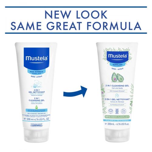 무스텔라 Mustela 2 in 1 Cleansing Gel, Baby Body & Hair Cleanser for Normal Skin, Tear-Free, with Natural Avocado Perseose, Available in 1-Pack or 2-Pack