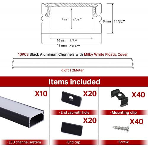  [아마존베스트]Muzata 2M Black LED Channel System with Milky White Cover,16mm Super Wide Aluminum Extrusion Profile Track Diffuser for Tape Strip Light Philips Hue Plus.U Shape,10Pack 6.6Ft U102