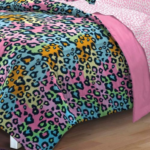  My 5pc Girls Teen Rainbow Leopard Themed Comforter Twin XL Set, Cheetah Pattern Bedding, Cute Neon Color Animal, Blue Pink Orange Green Yellow Black