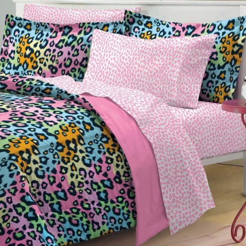  My 5pc Girls Teen Rainbow Leopard Themed Comforter Twin XL Set, Cheetah Pattern Bedding, Cute Neon Color Animal, Blue Pink Orange Green Yellow Black