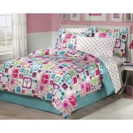 My Room Retro Peace Signs Turquoise Pink Girls Comforter Set with Bedskirt