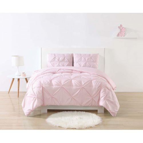  My World Printed Gingham Pinch Pleat Kids Comforter Set, Full/Queen, Pink