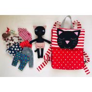 /MyAngelDolls Black Kitty Toy, Play set toys, Stuffed Cat, Handmade Cat for Girl, Travel Toy, Rag Doll, Backpack with Toy Set
