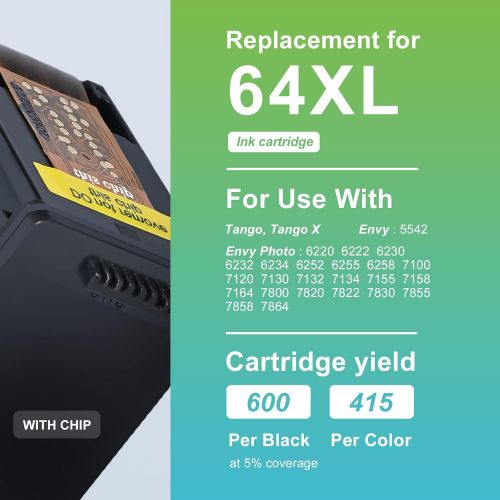  myCartridge SUPRINT Remanufactured Ink Cartridge Replacement for HP 64 XL 64XL for Envy 7855 7858 7155 5542 6255 Printer Black Color (2 Pack)
