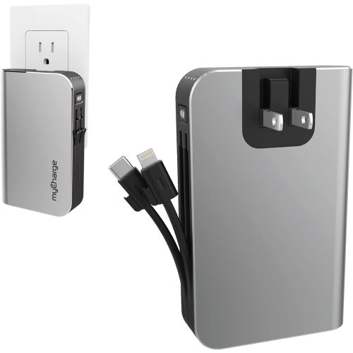  myCharge Portable Charger Power Bank - HubPlus 6700 mAh Universal External Battery Pack | Foldable AC Wall Plug | Two Built in Cables for Apple (iPhone Lightning) & for Samsung USB