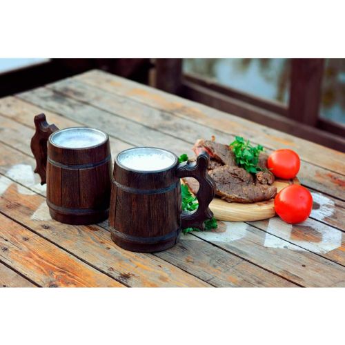  [아마존베스트]MyFancyCraft Wood Beer Mug 0.6L 20oz with Gift Box Stainless Steel Cup Men Eco-Friendly Souvenir Handmade Retro Brown