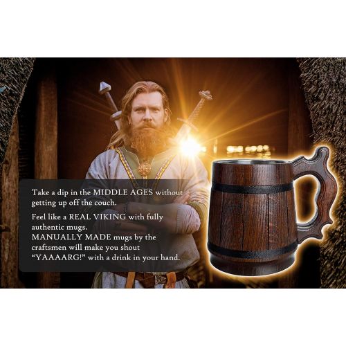  [아마존베스트]MyFancyCraft Wood Beer Mug 0.6L 20oz with Gift Box Stainless Steel Cup Men Eco-Friendly Souvenir Handmade Retro Brown