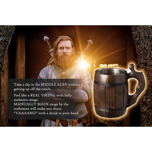  [아마존베스트]MyFancyCraft Handmade Beer Mug Oak Wood Stainless Steel Cup Natural Eco-Friendly 0.6 liters 20 ounces Barrel Brown