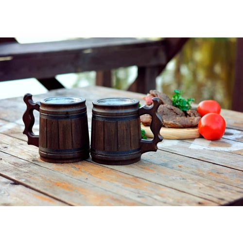  [아마존베스트]MyFancyCraft Handmade Beer Mug Oak Wood Stainless Steel Cup Box Natural 0.3L 10oz Classic Brown