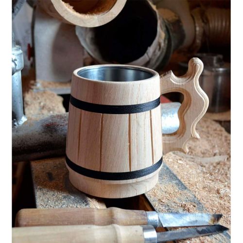  [아마존베스트]MyFancyCraft Handmade Beer Mug Oak Wood Stainless Steel Cup Box Natural 0.3L 10oz Classic Brown