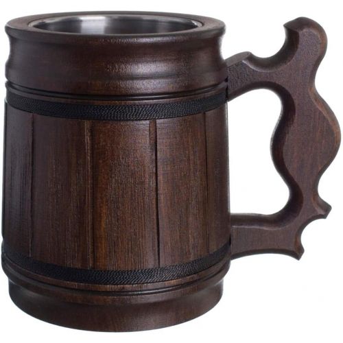  [아마존베스트]MyFancyCraft Handmade Beer Mug Oak Wood Stainless Steel Cup Box Natural 0.3L 10oz Classic Brown