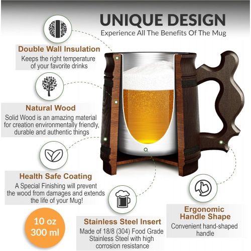  [아마존베스트]MyFancyCraft Handmade Beer Mug Oak Wood Stainless Steel Cup Box Natural 0.3L 10oz Classic Brown