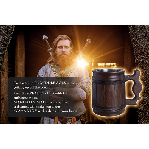  [아마존베스트]MyFancyCraft Handmade Beer Mug Oak Wood Stainless Steel Cup Box Natural 0.3L 10oz Classic Brown
