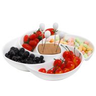 MyGift Decorative White Ceramic Appetizer Serving Platter Tray with Food Picks and Wood Holder