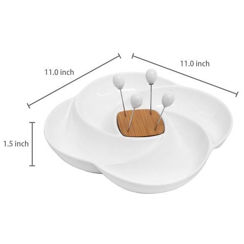  MyGift Decorative White Ceramic Appetizer Serving Platter Tray with Food Picks and Wood Holder