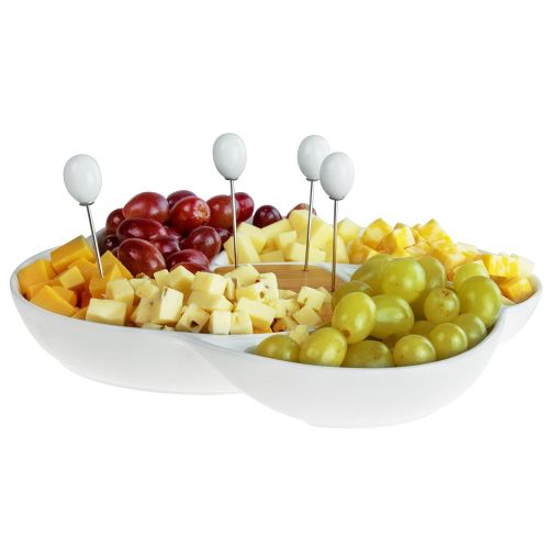  MyGift Decorative White Ceramic Appetizer Serving Platter Tray with Food Picks and Wood Holder