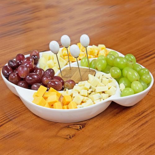  MyGift Decorative White Ceramic Appetizer Serving Platter Tray with Food Picks and Wood Holder