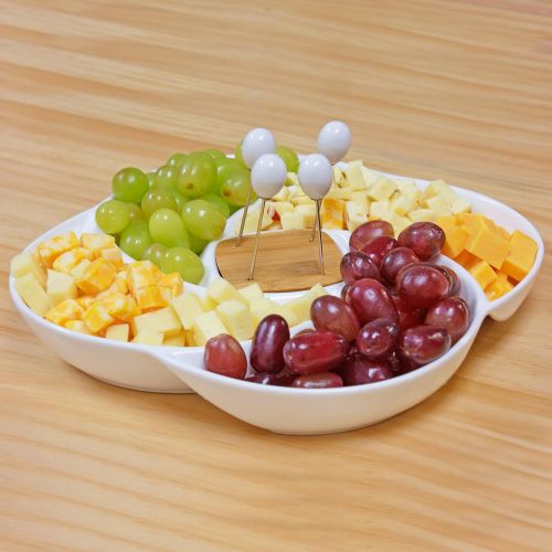  MyGift Decorative White Ceramic Appetizer Serving Platter Tray with Food Picks and Wood Holder