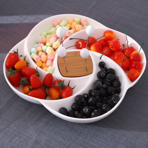  MyGift Decorative White Ceramic Appetizer Serving Platter Tray with Food Picks and Wood Holder