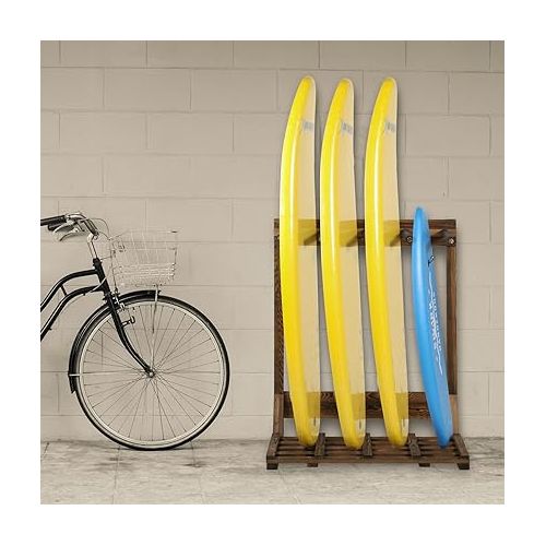  MyGift 4-Ft Tall Rustic Burnt Wood Freestanding Vertical Surfboard Rack, Wakeboard SUP Paddleboard Storage Rack - Holds up to 4 Boards