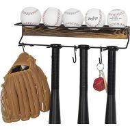 MyGift Burnt Wood and Black Metal Hanging Baseball Equipment Rack, Baseball and Softball Bats and Balls Storage Holder with S-Hooks for Baseball Caps, Mitts, Gloves