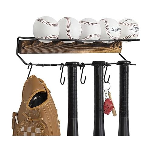  MyGift Burnt Wood and Black Metal Hanging Baseball Equipment Rack, Baseball and Softball Bats and Balls Storage Holder with S-Hooks for Baseball Caps, Mitts, Gloves