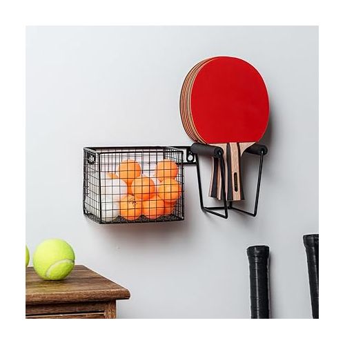  MyGift Wall Mounted Black Metal Table Tennis Racket Holder and Ball Storage, Hanging Equipment Organizer with Paddle Rack and Basket for Ping Pong Balls