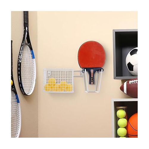  MyGift 12 Inch Wall Mounted White Metal Table Tennis Pickleball Paddle Rack and Ball Storage, Hanging Equipment Organizer with Racket Holder and Basket for Ping Pong Balls