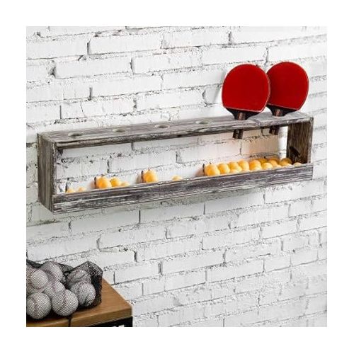  MyGift Wall Mounted Torched Wood Table Tennis Rack for Ping Pong Paddles and Balls Storage Shelf