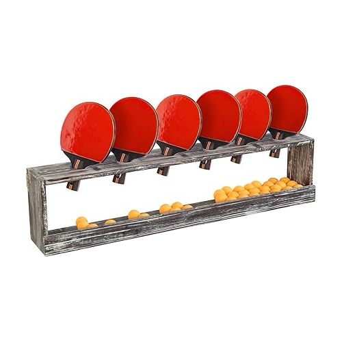  MyGift Wall Mounted Torched Wood Table Tennis Rack for Ping Pong Paddles and Balls Storage Shelf