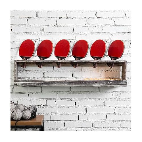  MyGift Wall Mounted Torched Wood Table Tennis Rack for Ping Pong Paddles and Balls Storage Shelf