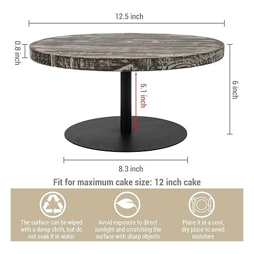  MyGift 12 Inch Round Solid Torched Wood Cake Stand with Black Metal Pedestal, Dessert Appetizer and Cupcake Holder Serving Stand