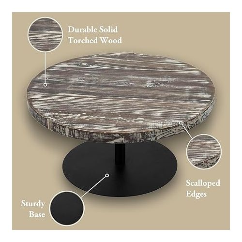  MyGift 12 Inch Round Solid Torched Wood Cake Stand with Black Metal Pedestal, Dessert Appetizer and Cupcake Holder Serving Stand