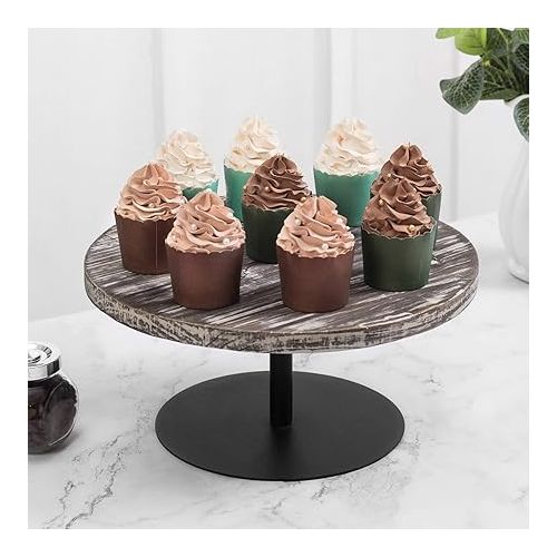  MyGift 12 Inch Round Solid Torched Wood Cake Stand with Black Metal Pedestal, Dessert Appetizer and Cupcake Holder Serving Stand