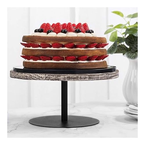  MyGift 12 Inch Round Solid Torched Wood Cake Stand with Black Metal Pedestal, Dessert Appetizer and Cupcake Holder Serving Stand