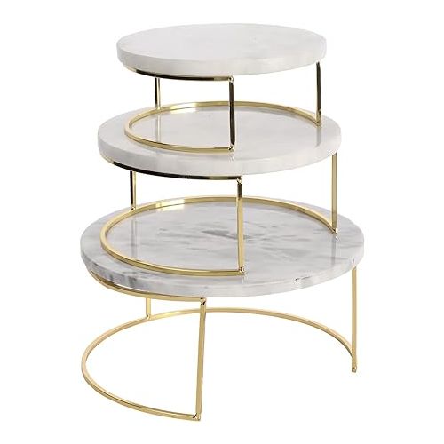  MyGift Modern White Marble Cake Stands, Brass Metal Cupcake Stand Dessert Pedestal Risers, Set of 3