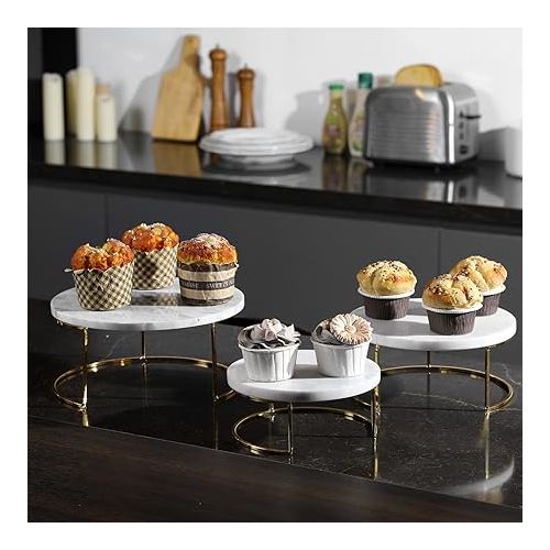  MyGift Modern White Marble Cake Stands, Brass Metal Cupcake Stand Dessert Pedestal Risers, Set of 3