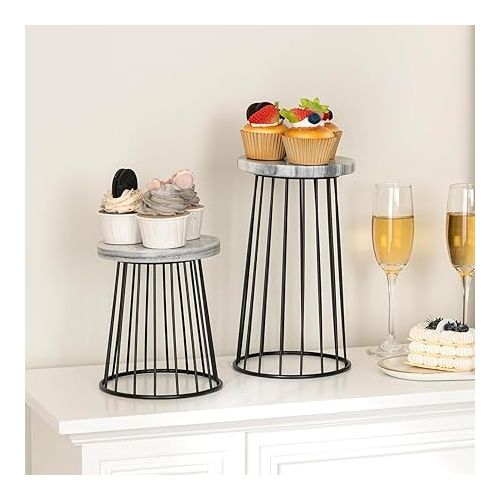  MyGift Modern Hotel Style Natural White Marble and Matte Black Metal Wire Circular Risers, Round Dessert Racks Cupcake Holders Cake Stands Party Home Retail Display, 2 Piece Set