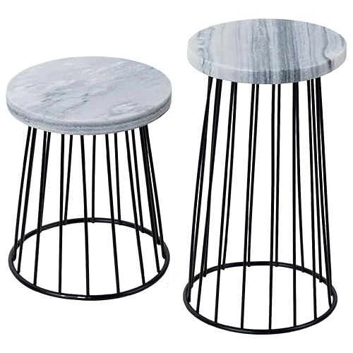  MyGift Modern Hotel Style Natural White Marble and Matte Black Metal Wire Circular Risers, Round Dessert Racks Cupcake Holders Cake Stands Party Home Retail Display, 2 Piece Set