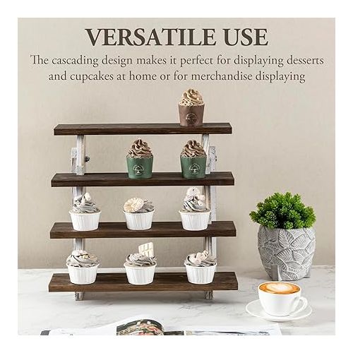  MyGift 4 Tier Cascading Solid Wood Cupcake Display Riser, Rustic Two-Tone Burnt Brown Stair Steps and Shabby White Washed Countertop Dessert Stand