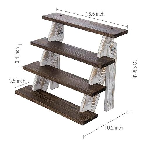  MyGift 4 Tier Cascading Solid Wood Cupcake Display Riser, Rustic Two-Tone Burnt Brown Stair Steps and Shabby White Washed Countertop Dessert Stand