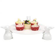 MyGift Decorative White Ceramic Bunny Rabbit Cake Stand, 16-Inch Dessert Plates Food Server Display Tray