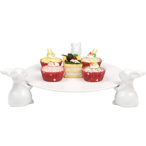  MyGift Decorative White Ceramic Bunny Rabbit Cake Stand, 16-Inch Dessert Plates Food Server Display Tray