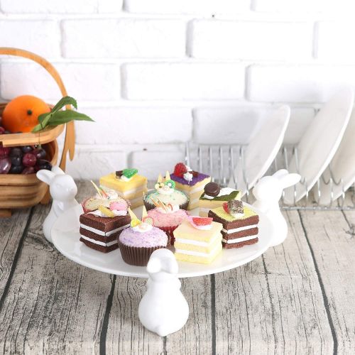  MyGift Decorative White Ceramic Bunny Rabbit Cake Stand, 16-Inch Dessert Plates Food Server Display Tray