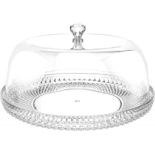  MyGift 12 Inch Clear Food-Grade Acrylic Diamond Pattern Server Cake Dessert Platter with Cloche Bell Cover