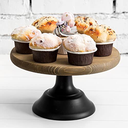  MyGift 10-inch Round Brown Wooden Cake/Cupcake Dessert Pedestal Display Stand with Black Base